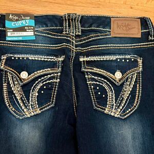 Ariya Y2K low rise flare jeans curvy fit embellished pockets dark wash sz 9 NWT